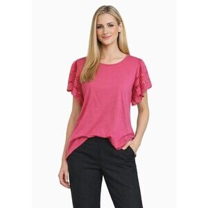 ST JOHNS BAY Womens Pink Blouse Sz Large Ruffled Sleeve Pull Over Cotton NWT